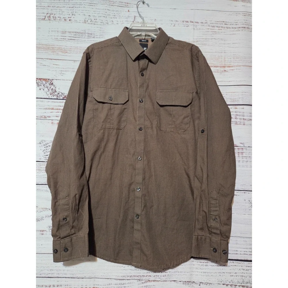 J. Ferrar Mens Slim Fit Houndstooth Button Down Shirt Brown Black Long Sleeve L